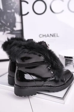 Dziewczęce></noscript>Boto Dziecięce Ocieplane Botki Z Futerkiem Lakierowane Czarne Ella