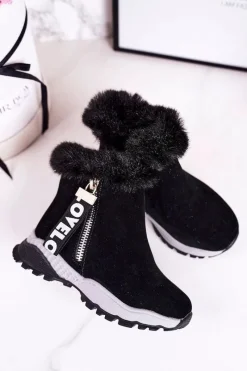 Best Dziecięce Ocieplane Botki Śniegowce Z Futerkiem Czarne Love-Love Dzieci Dziewczęce|Dziewczęce