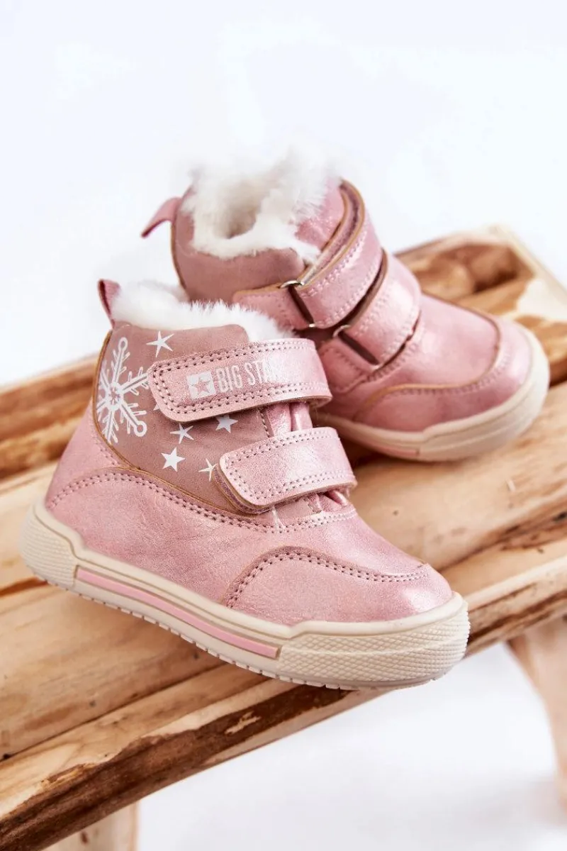 Outlet Dziecięce Ocieplane Botki Na Rzepy Big Star KK374188 Różowe Dzieci Dziewczęce
