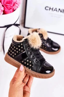 Hot Dziecięce Ocieplane Botki Trampki W Groszki Czarne Anastasia Dzieci Dziewczęce|Dziewczęce