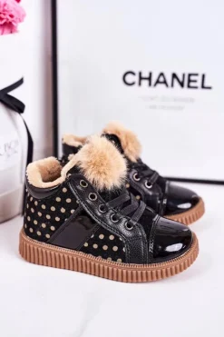 Hot Dziecięce Ocieplane Botki Trampki W Groszki Czarne Anastasia Dzieci Dziewczęce|Dziewczęce