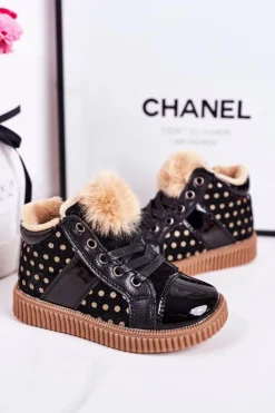 Hot Dziecięce Ocieplane Botki Trampki W Groszki Czarne Anastasia Dzieci Dziewczęce|Dziewczęce