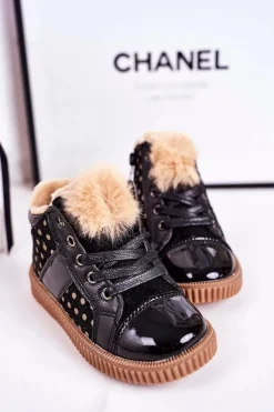 Hot Dziecięce Ocieplane Botki Trampki W Groszki Czarne Anastasia Dzieci Dziewczęce|Dziewczęce