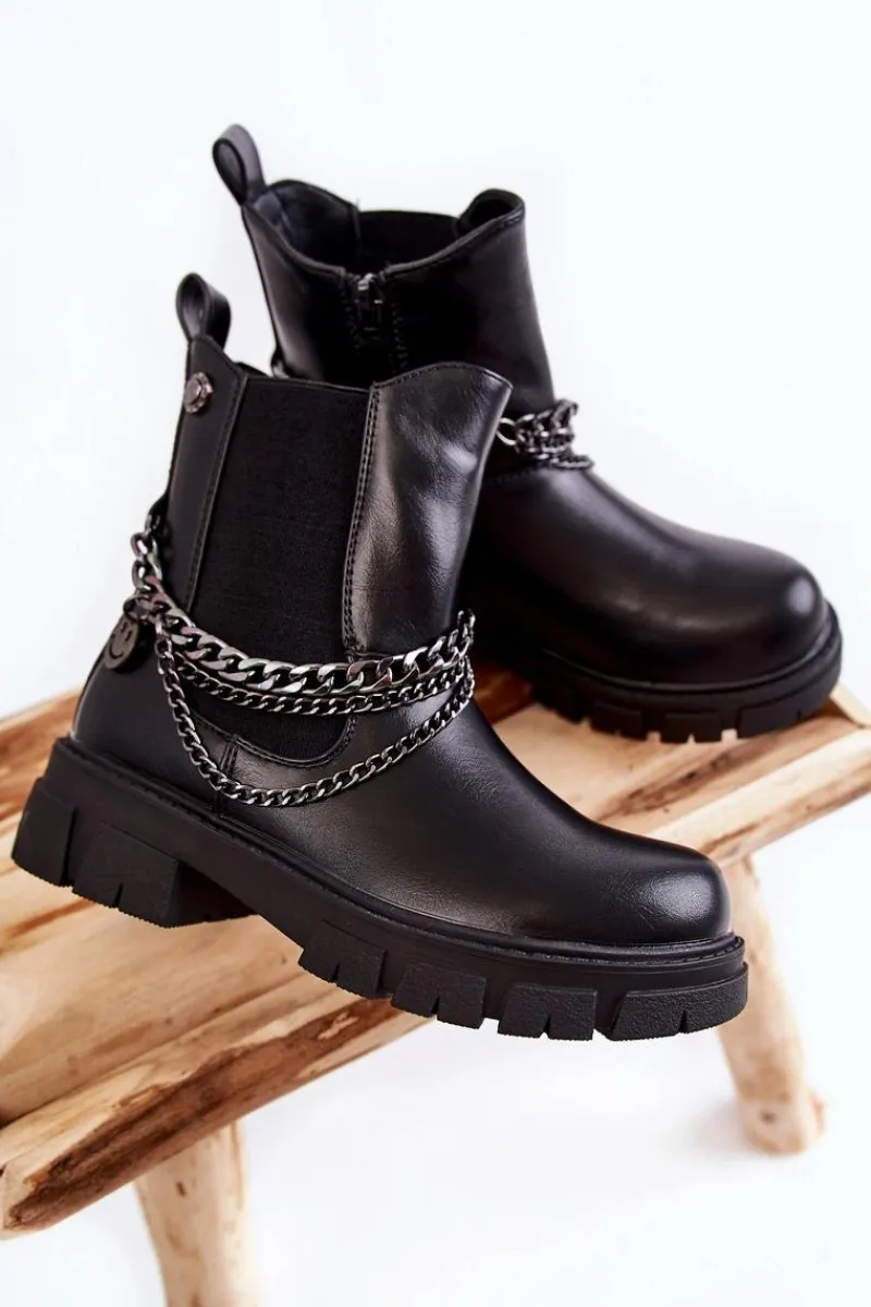 Clearance Dziecięce Ocieplane Botki Skórzane Czarne Lise Dzieci Dziewczęce