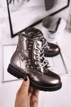 Dziewczęce>Boto Dziecięce Ocieplane Botki z Dżetami Lakierowane Szare Fame