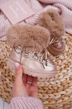 New Dziecięce Ocieplane Botki Śniegowce Z Futerkiem Złote Nicola Dzieci Dziewczęce