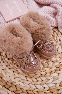 New Dziecięce Ocieplane Botki Śniegowce Z Futerkiem Złote Nicola Dzieci Dziewczęce