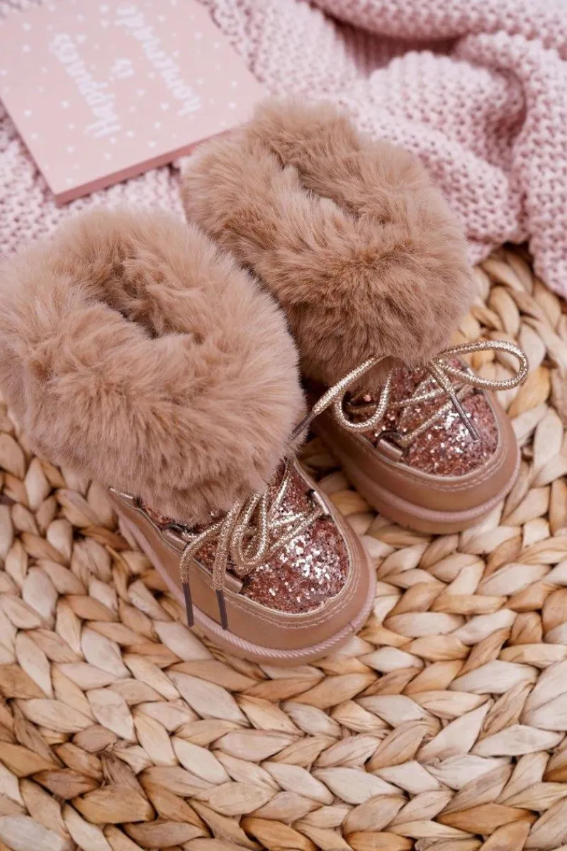 New Dziecięce Ocieplane Botki Śniegowce Z Futerkiem Złote Nicola Dzieci Dziewczęce