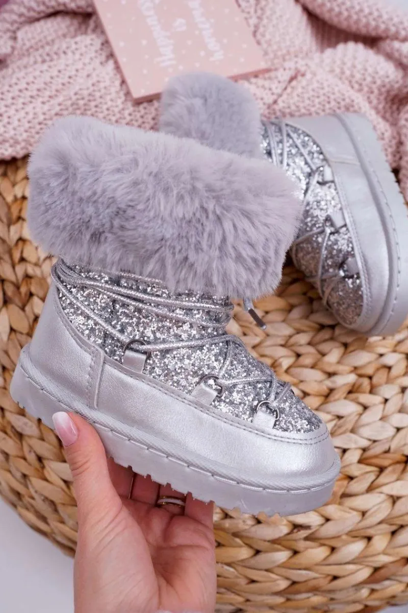 Dziewczęce>Boto Dziecięce Ocieplane Botki Śniegowce Z Futerkiem Srebrne Nicola