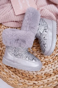 Dziewczęce>Boto Dziecięce Ocieplane Botki Śniegowce Z Futerkiem Srebrne Nicola