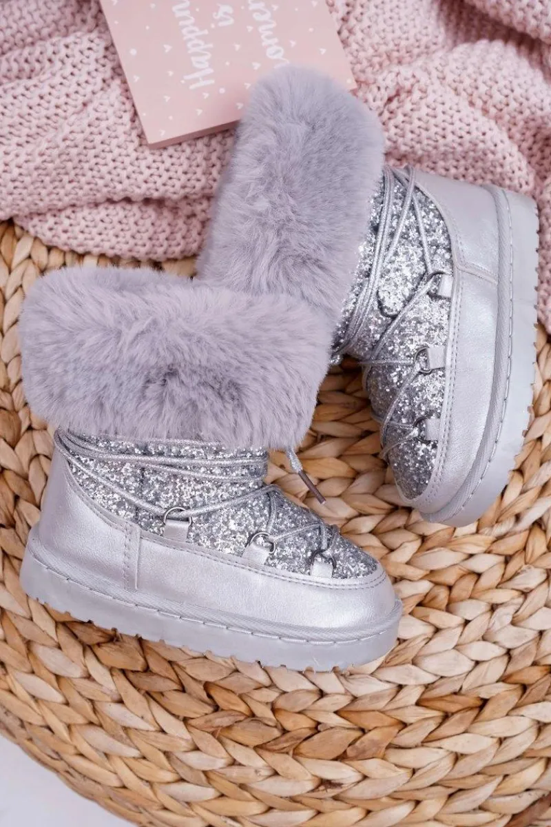 Dziewczęce>Boto Dziecięce Ocieplane Botki Śniegowce Z Futerkiem Srebrne Nicola