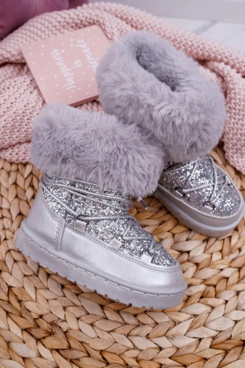 Dziewczęce>Boto Dziecięce Ocieplane Botki Śniegowce Z Futerkiem Srebrne Nicola