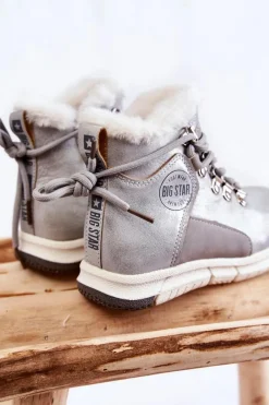 Dziewczęce></noscript>Big Star Shoes Dziecięce Ocieplane Botki Na Suwak Big Star KK374178 Srebrne Srebrny