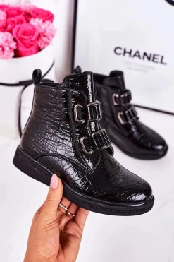 Dziewczęce>Boto Dziecięce Ocieplane Botki Lakierowane Czarne Wzór Zwierzęcy Maya