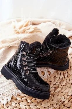 Outlet Dziecięce Ocieplane Futerkiem Botki Czarne Doreen Dzieci Dziewczęce