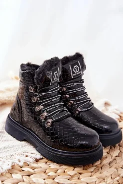 Outlet Dziecięce Ocieplane Futerkiem Botki Czarne Doreen Dzieci Dziewczęce