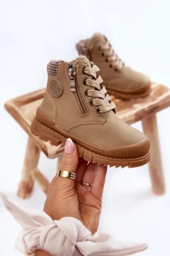 New Evento Dziecięce Ocieplane Futerkiem Botki Trapery Beżowe Hopper