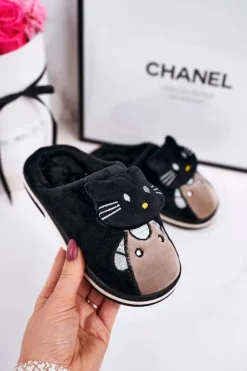 Dziewczęce>Boto Dziecięce Ocieplane Klapki Papcie Czarne Kitty