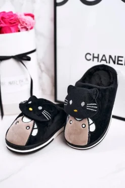 Dziewczęce></noscript>Boto Dziecięce Ocieplane Klapki Papcie Czarne Kitty