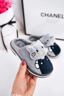 New Dziecięce Ocieplane Klapki Papcie Szare Kitty Dzieci Dziewczęce