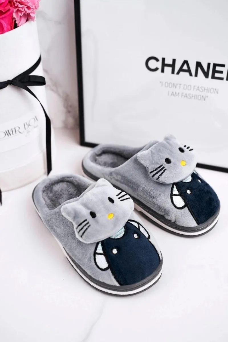 New Dziecięce Ocieplane Klapki Papcie Szare Kitty Dzieci Dziewczęce