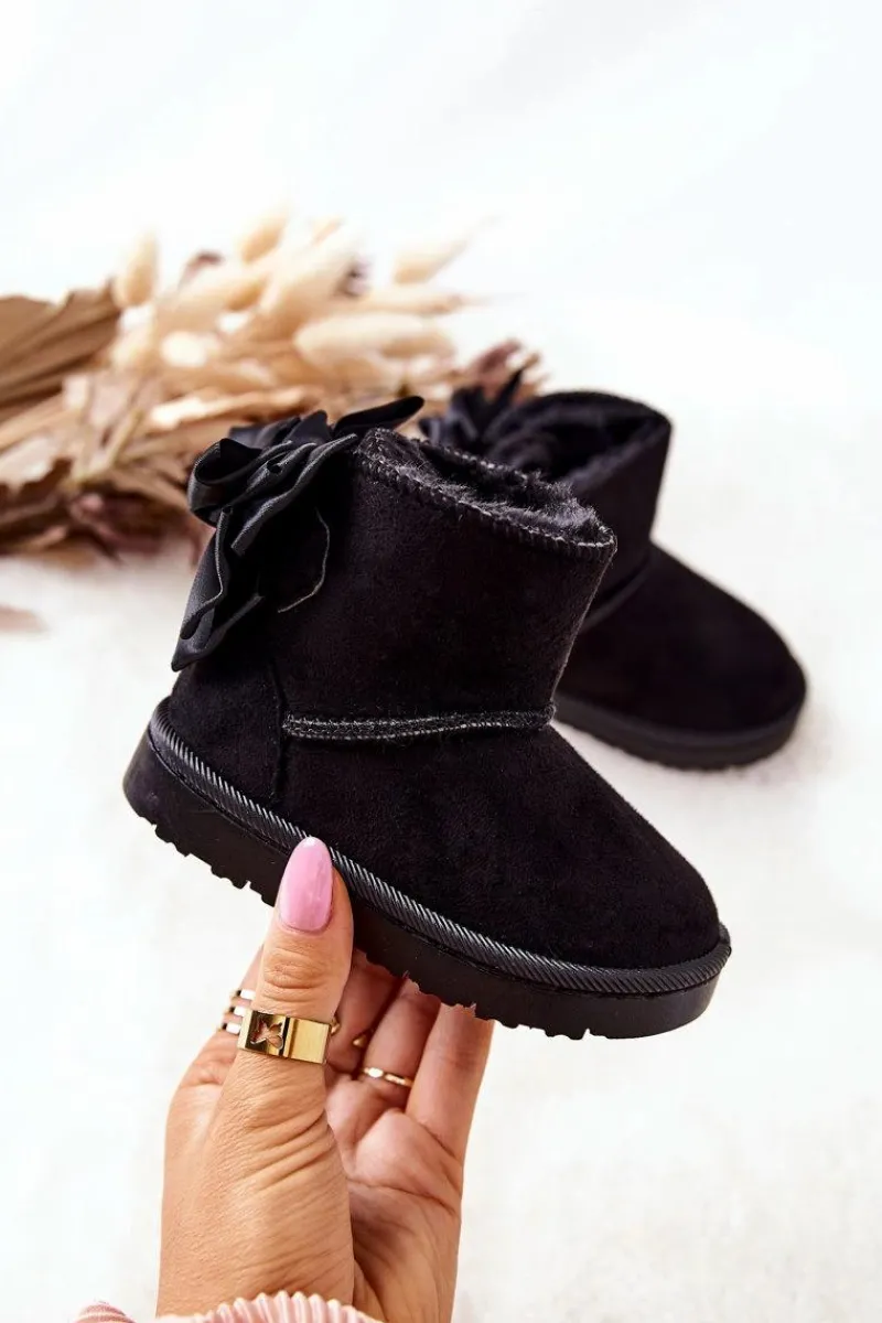 Discount Dziecięce Ocieplane Śniegowce Z Kokardą Czarne Snowis Dzieci Dziewczęce|Chłopięce