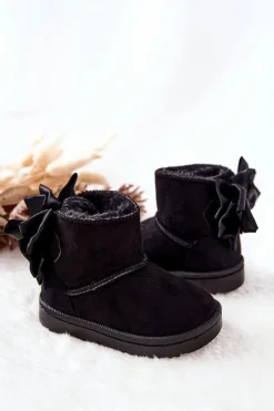 Discount Dziecięce Ocieplane Śniegowce Z Kokardą Czarne Snowis Dzieci Dziewczęce|Chłopięce