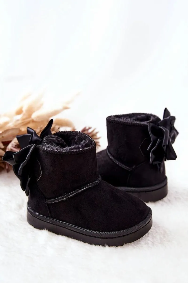 Discount Dziecięce Ocieplane Śniegowce Z Kokardą Czarne Snowis Dzieci Dziewczęce|Chłopięce