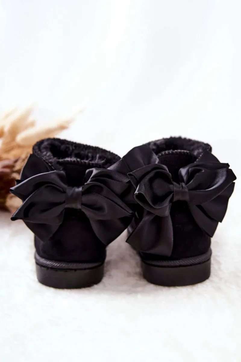 Discount Dziecięce Ocieplane Śniegowce Z Kokardą Czarne Snowis Dzieci Dziewczęce|Chłopięce