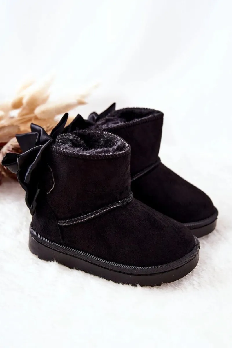 Discount Dziecięce Ocieplane Śniegowce Z Kokardą Czarne Snowis Dzieci Dziewczęce|Chłopięce