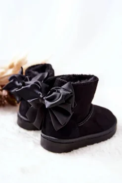 Discount Dziecięce Ocieplane Śniegowce Z Kokardą Czarne Snowis Dzieci Dziewczęce|Chłopięce