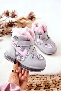 Dziecięce Ocieplane Śniegowce Botki Szaro-Różowe Shirinell Dzieci Dziewczęce|Dziewczęce