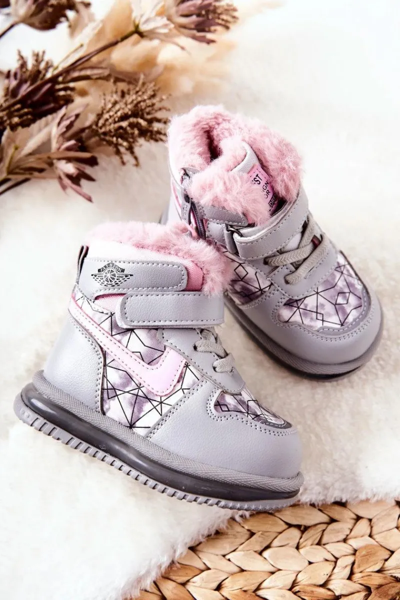 Dziecięce Ocieplane Śniegowce Botki Szaro-Różowe Shirinell Dzieci Dziewczęce|Dziewczęce