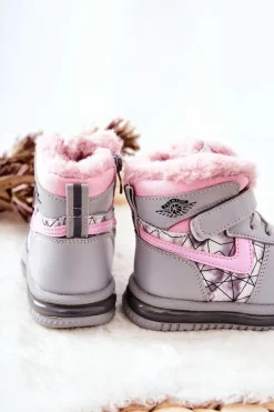 Dziecięce Ocieplane Śniegowce Botki Szaro-Różowe Shirinell Dzieci Dziewczęce|Dziewczęce