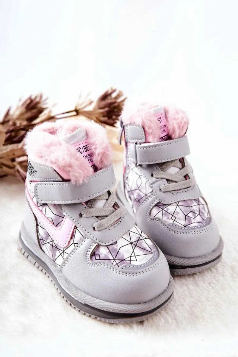 Dziecięce Ocieplane Śniegowce Botki Szaro-Różowe Shirinell Dzieci Dziewczęce|Dziewczęce