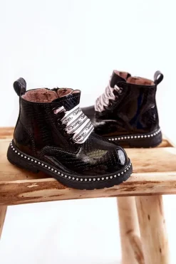Clearance Dziecięce Ocieplane Skórzane Botki Czarne Dottie Dzieci Dziewczęce