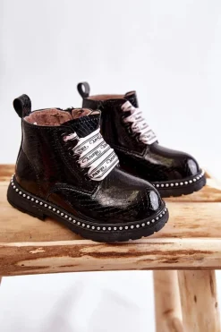 Clearance Dziecięce Ocieplane Skórzane Botki Czarne Dottie Dzieci Dziewczęce