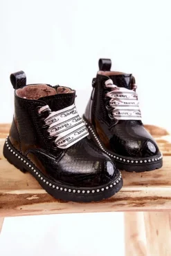 Clearance Dziecięce Ocieplane Skórzane Botki Czarne Dottie Dzieci Dziewczęce