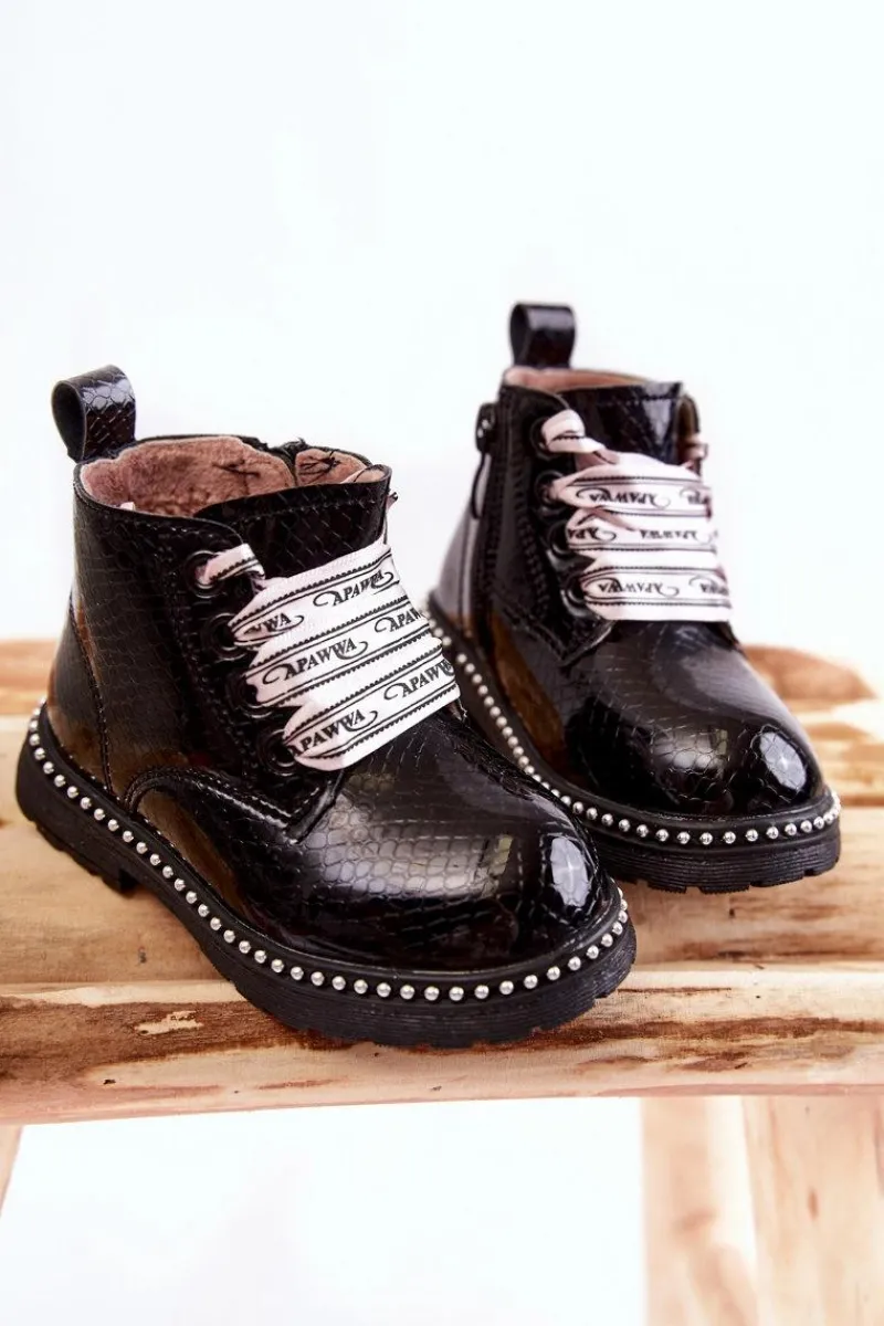 Clearance Dziecięce Ocieplane Skórzane Botki Czarne Dottie Dzieci Dziewczęce