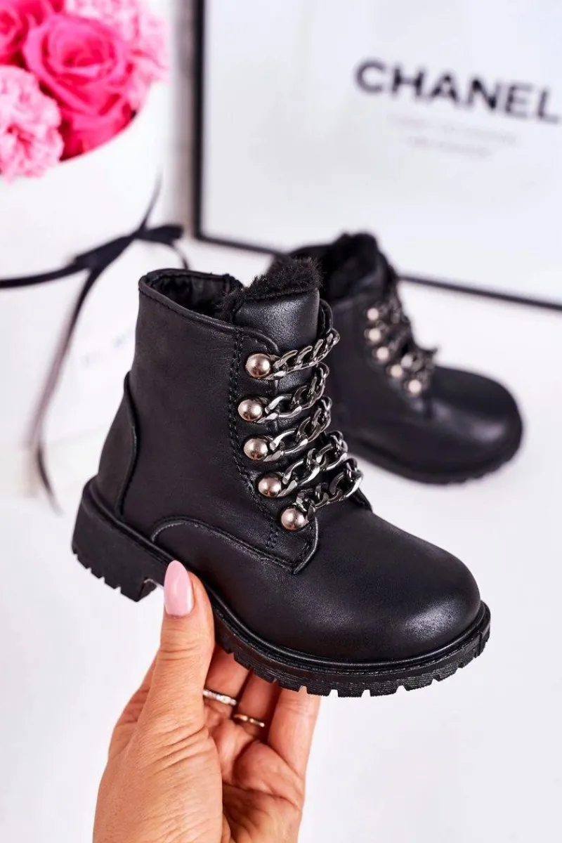 Outlet Boto Dziecięce Ocieplane Traperki Eko Skóra Łańcuch Czarne Rock&Roll