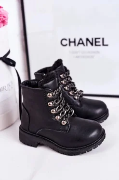 Outlet Boto Dziecięce Ocieplane Traperki Eko Skóra Łańcuch Czarne Rock&Roll