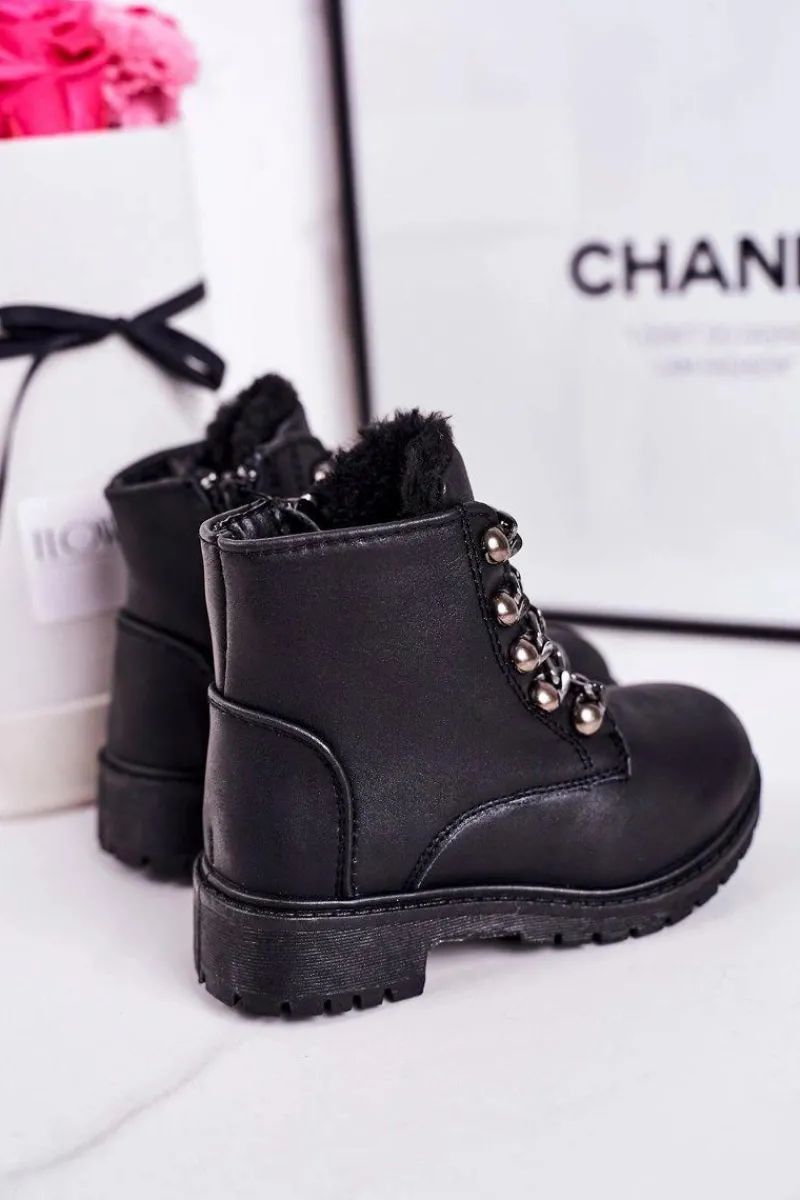 Outlet Boto Dziecięce Ocieplane Traperki Eko Skóra Łańcuch Czarne Rock&Roll