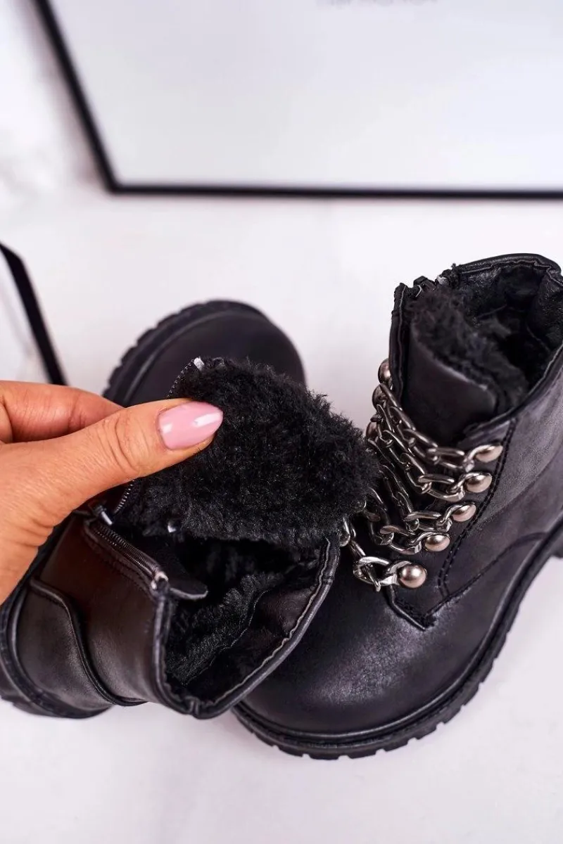 Outlet Boto Dziecięce Ocieplane Traperki Eko Skóra Łańcuch Czarne Rock&Roll