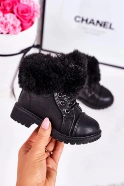 Dziewczęce>Boto Dziecięce Ocieplane Traperki Z Futerkiem Czarne Nella