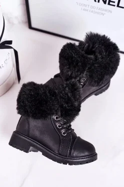 Dziewczęce></noscript>Boto Dziecięce Ocieplane Traperki Z Futerkiem Czarne Nella