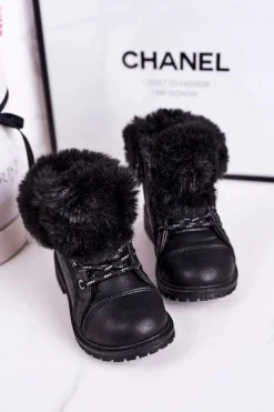 Dziewczęce></noscript>Boto Dziecięce Ocieplane Traperki Z Futerkiem Czarne Nella