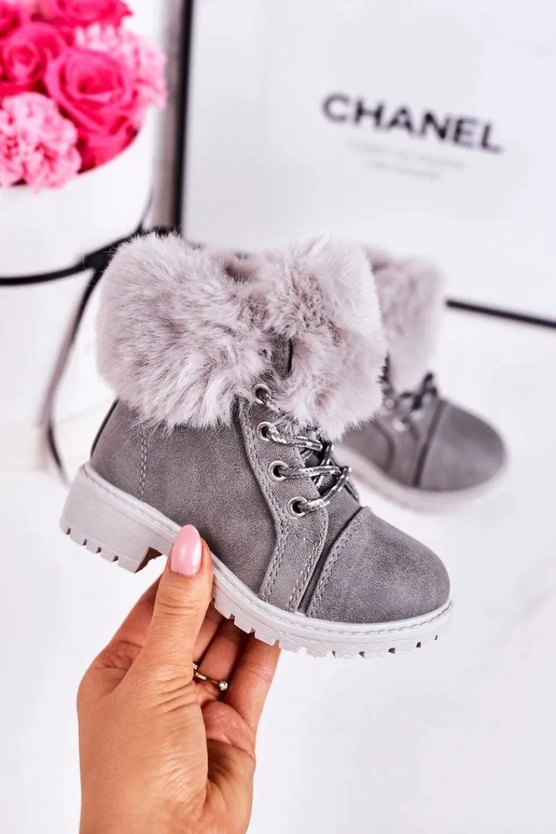 Clearance Boto Dziecięce Ocieplane Traperki Z Futerkiem Szare Nella