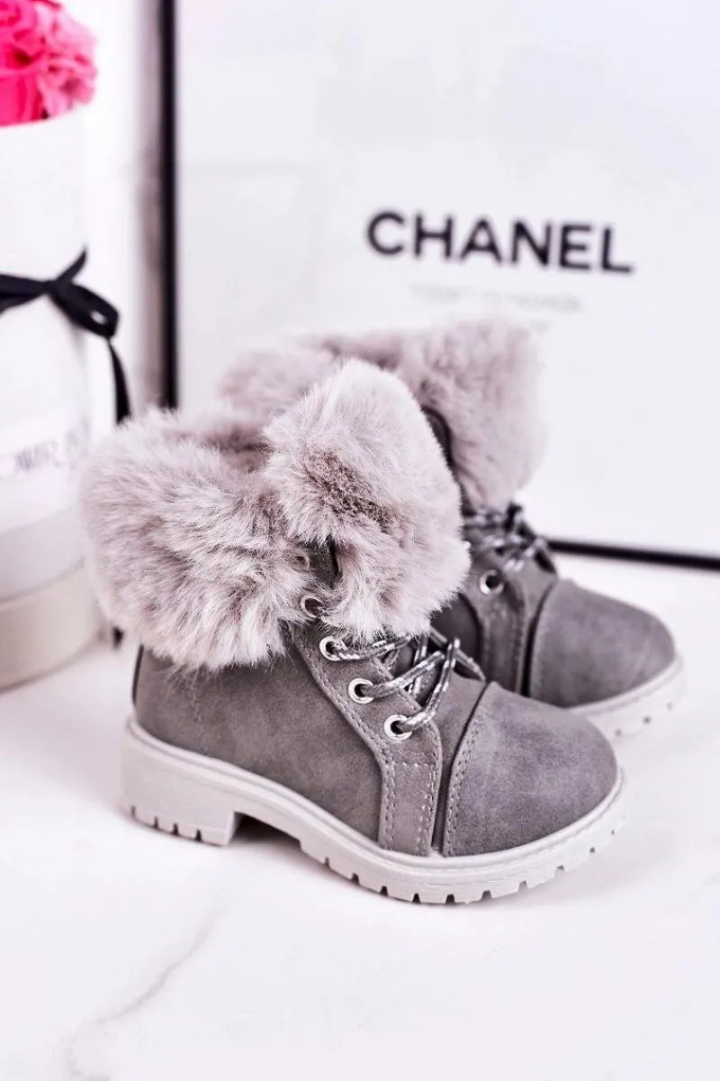 Clearance Boto Dziecięce Ocieplane Traperki Z Futerkiem Szare Nella