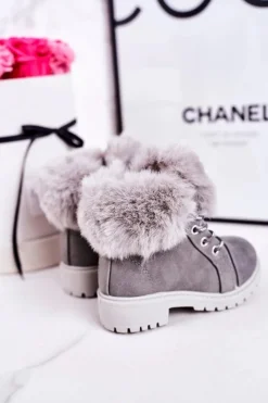 Clearance Boto Dziecięce Ocieplane Traperki Z Futerkiem Szare Nella