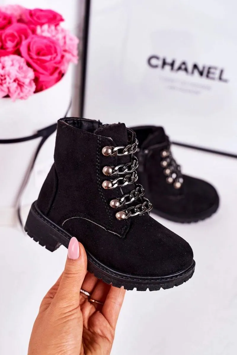 New Dziecięce Ocieplane Traperki Eko Zamsz Łańcuch Czarne Rock&Roll Dzieci Dziewczęce